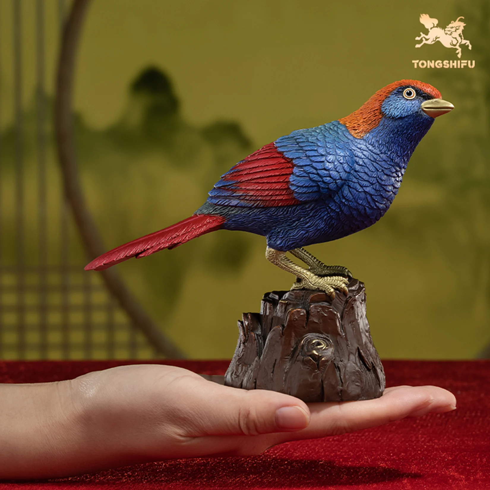 TONGSHIFU Red-winged Laughingthrush Model Brass Birds Collection Statue Decor Birthday Gift Handmade Scene Photography Props